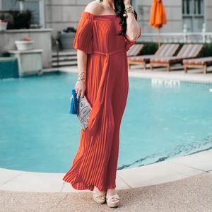 ASOS Orange Pleated Off The Shoulder Maxi Dress